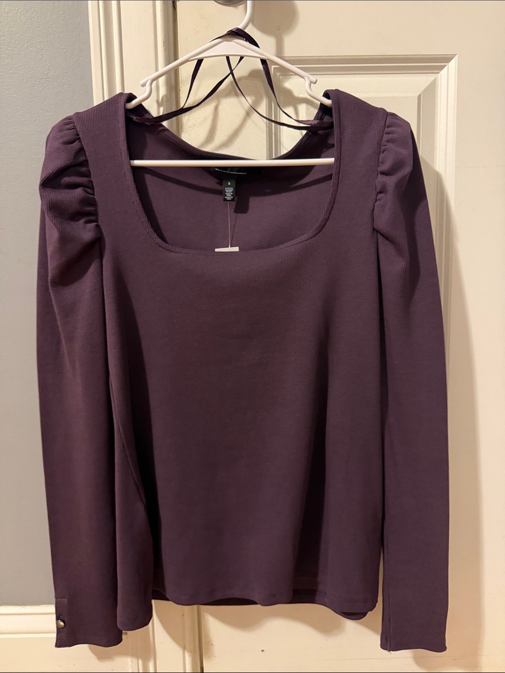 White House Black Market Purple Puff-Sleeve Square Neck Long Sleeve Top